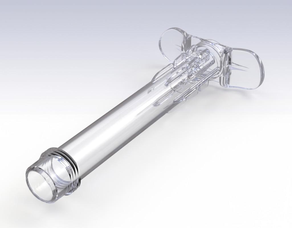 Clear injection moulded syringe barrel designed and engineered for manufacture by Andrew Simeou